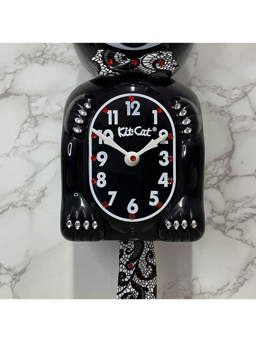 CUSTOM Jeweled Black Kit-Cat Klock clock with Chantilly lace tail and bow tie - Picture 5 of 7